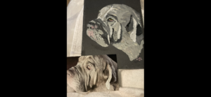pet portrait oil painting of a Mastiff dog next to real image